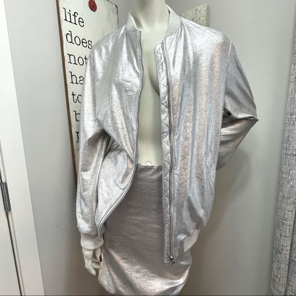 2pc SET Zara trf collection silver ultra suede oversized bomber & pencil skirt